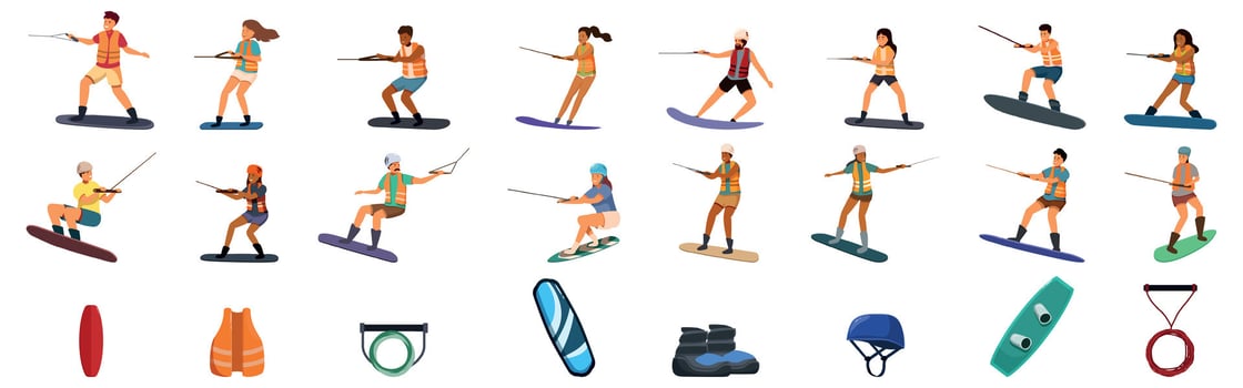 Wakeboard icons set. People wakeboarding and equipment for wakeboarding icons set vector