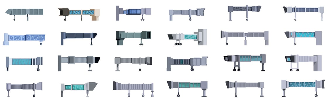 Jet bridge icons set. Set of passenger boarding bridges facilitating convenient access to aircraft vector