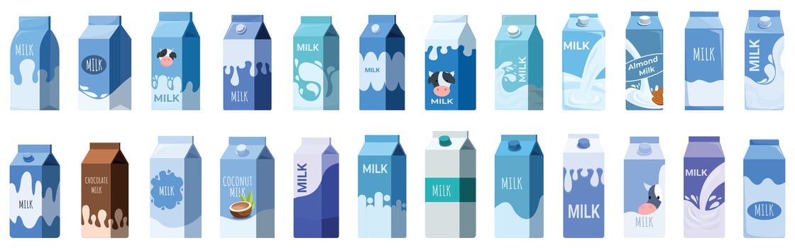 Milk drink box icons set. Various milk carton packages representing different flavors and types of milk vector