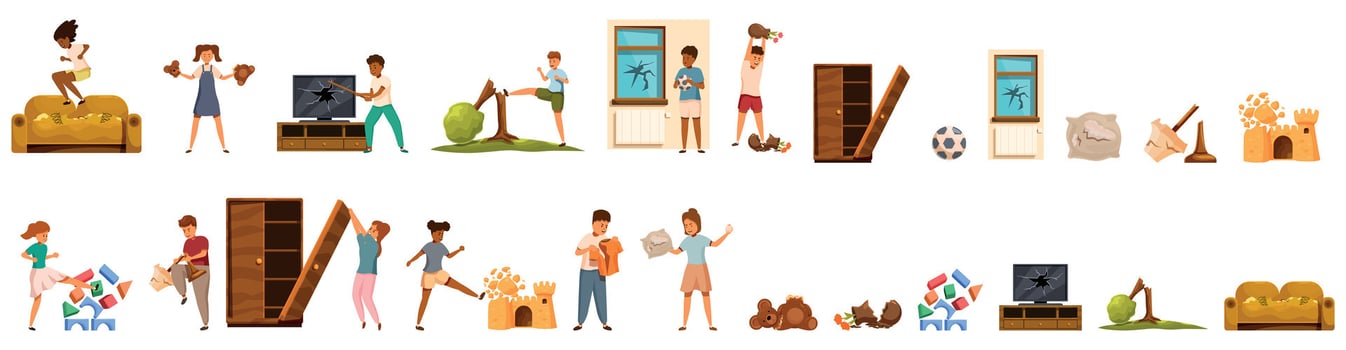 Kids destruction icons set. Kids breaking things, destroying furniture and toys, having tantrums vector