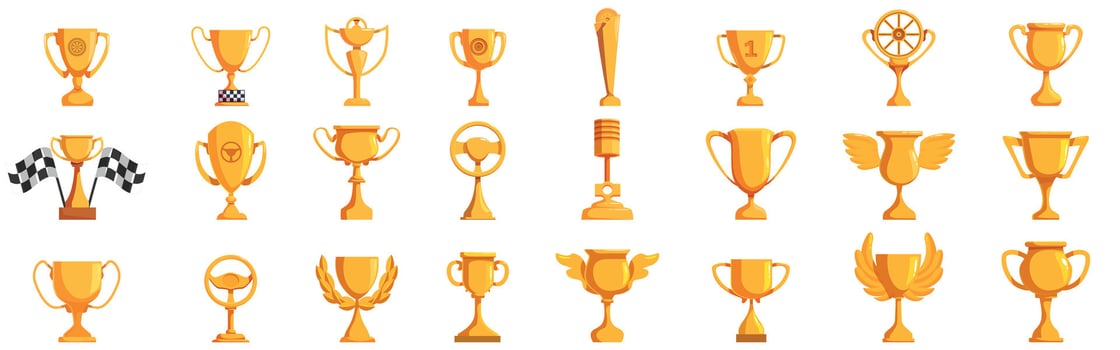 Racing trophy icons set. Golden trophy cups representing victory and achievement in competition vector
