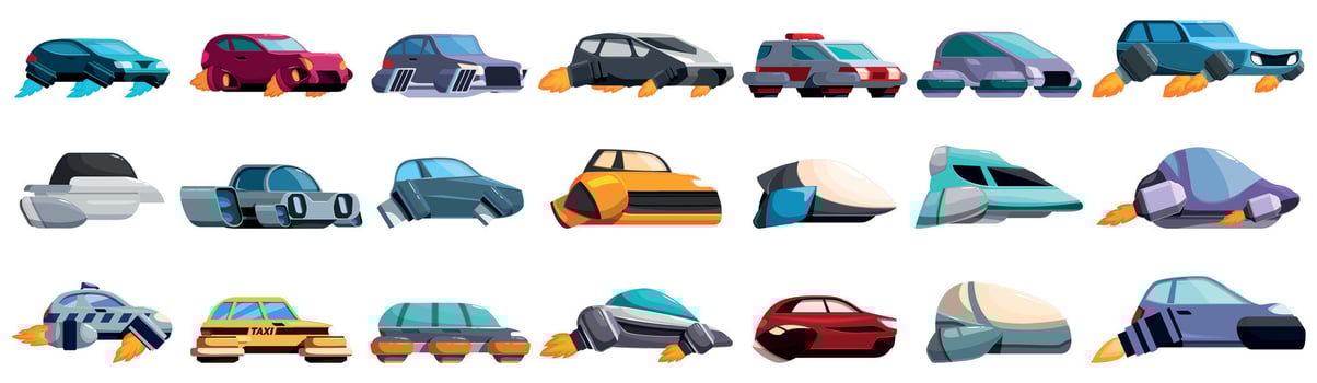 Flying car icons set. Futuristic flying cars soaring through the sky, a vision of future transportation vector