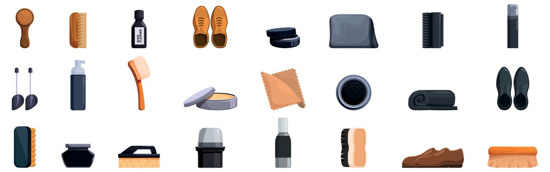 Shoe cleaning icons set. Shoe care kit essentials for maintaining and polishing footwear vector