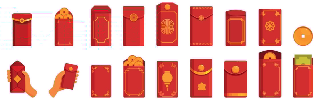 Angpao money envelope icons set. Red envelopes containing money and coins for lunar new year celebrations vector