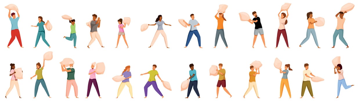Pillow fight icons set. People playing pillow fight, having fun at home, pajama party, leisure time vector