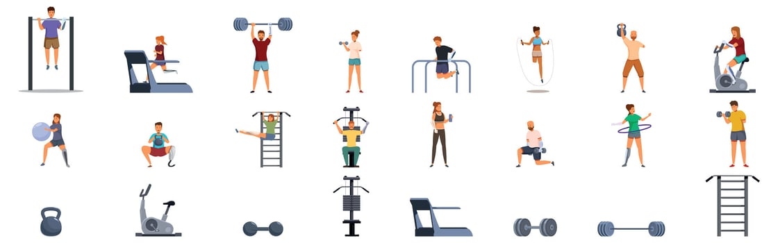 Disabled man gym icons set. People working out using gym equipment and lifting weights vector