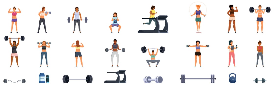 Female bodybuilder icons set. Diverse people engaging in various fitness activities vector