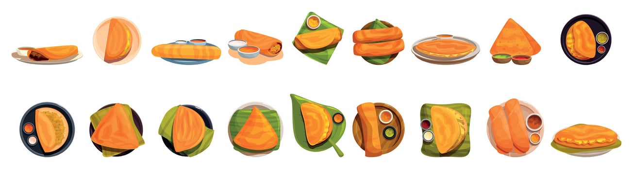 Masala dosa icons set. Variety of delicious savory pastry snacks on display vector