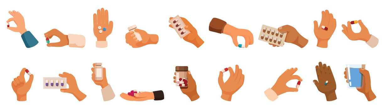 Hand holding capsule icons set. Hands holding pills, capsules, blister packs and bottles, healthcare and medicine concept vector