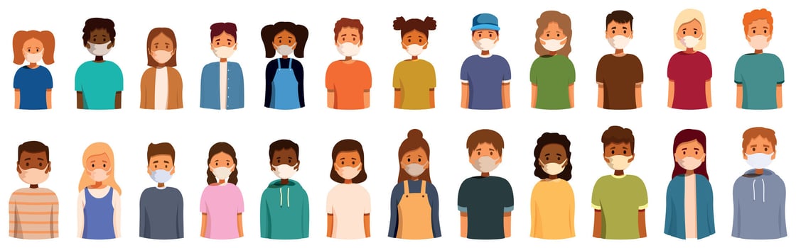 Kids medical mask icons set. Diverse group of people wearing protective masks, promoting health and safety vector
