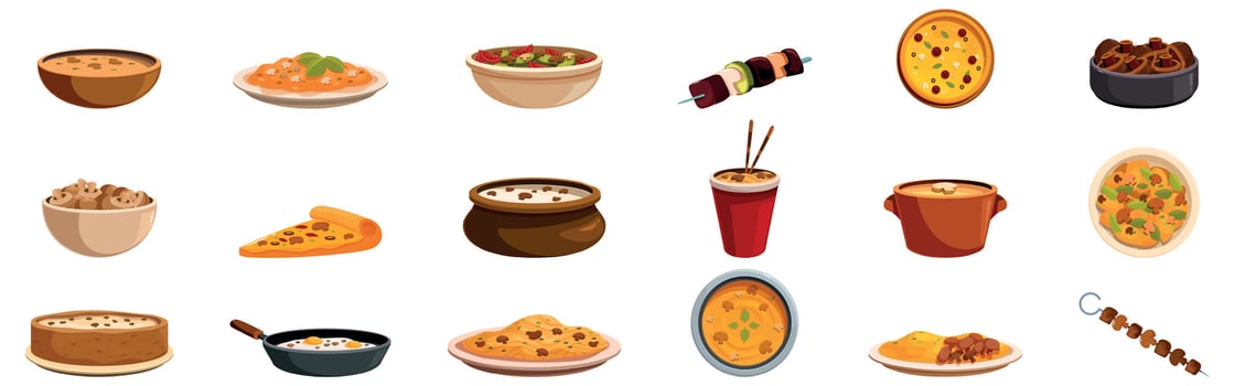 Dishes champignons icons set. Delicious international cuisine featuring various dishes and street food items vector