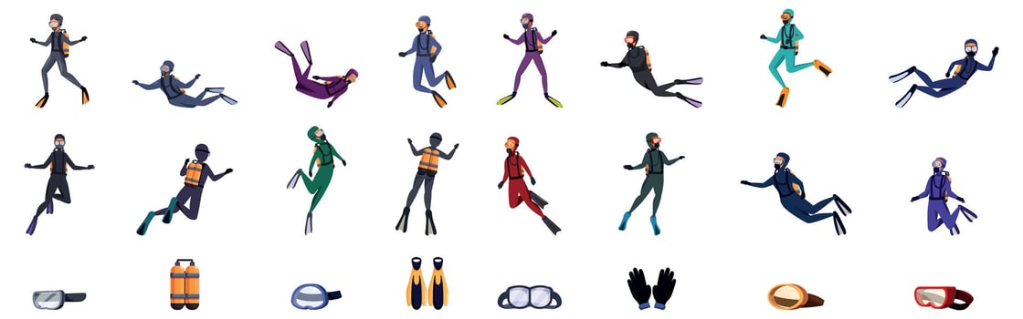 Children scuba diving icons set. Diverse group of scuba divers and gear illustrations vector