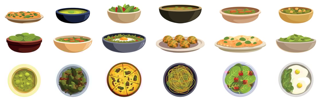 Spinach dishes icons set. Spinach dishes showing culinary delights featuring the leafy green vegetable vector