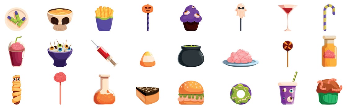 Halloween dishes icons set. Colorful halloween treats and beverages collection vector