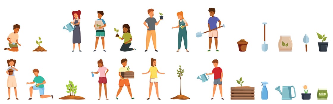Children planting seeds icons set. Kids planting and gardening, taking care of plants and using gardening tools vector