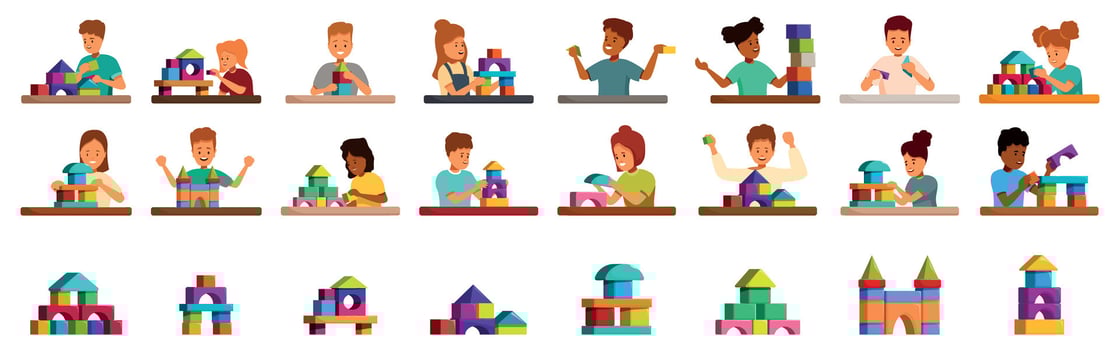 Kids play building blocks icons set. Children playing and building with colorful wooden blocks vector