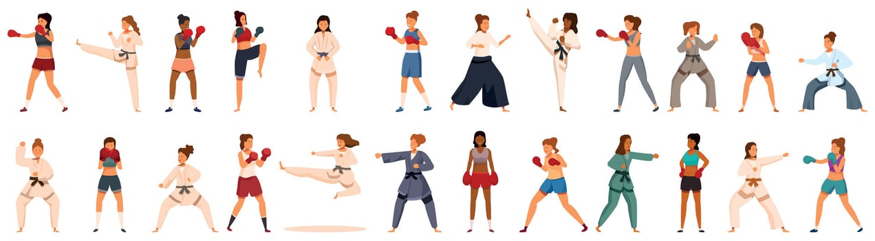 Woman fighter icons set. Diverse women engaging in martial arts and boxing vector