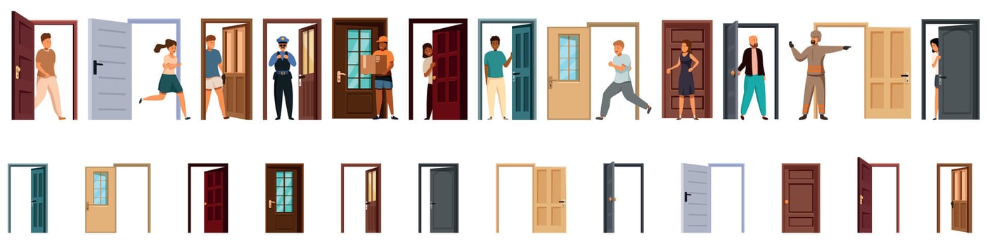 People doorway icons set. People entering and exiting through doors, diverse individuals navigating entryways vector