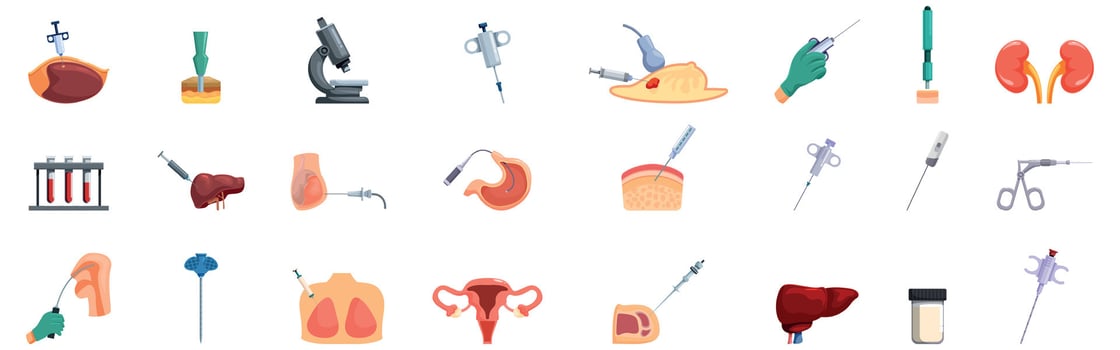 Biopsy icons set. Biopsy procedure, examining tissues with medical instruments and microscopic analysis vector