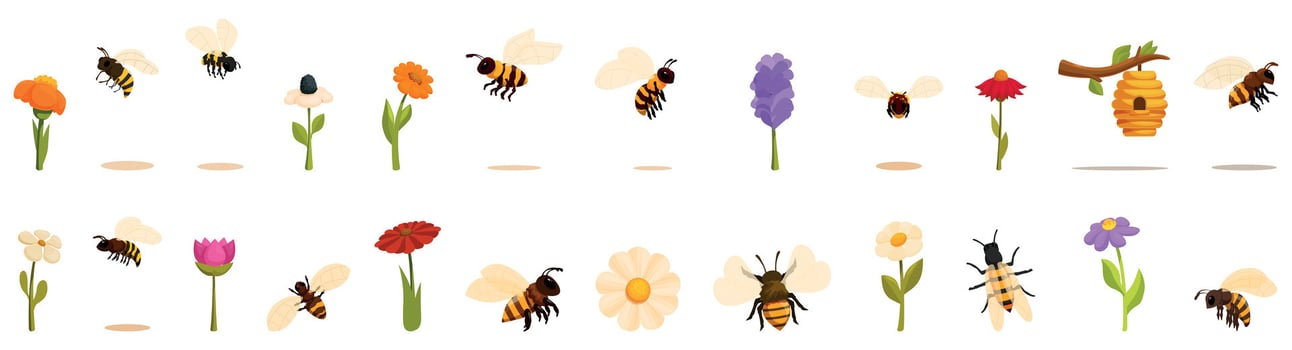 Bee collecting pollen icons set. Bees pollinating flowers and honeycomb hanging from tree branch vector