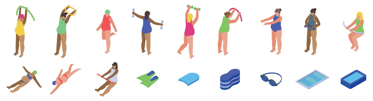 Swimming pregnant icons set. Pregnant women exercising and swimming in aqua fitness icons set vector