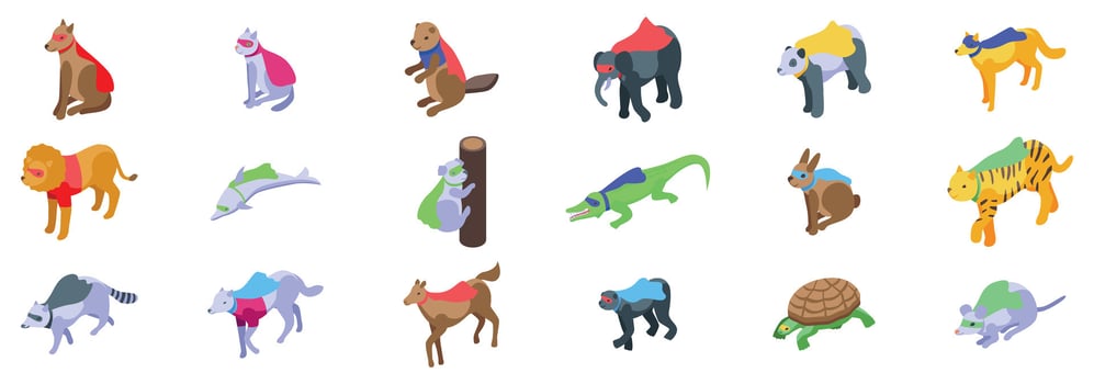 Animals superhero icons set. Circus animals wearing superhero costumes performing tricks vector