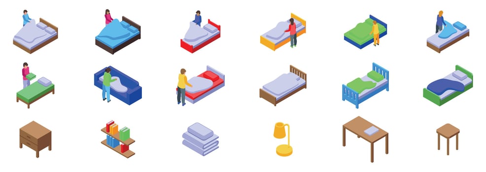 Children making bed icons set. Hotel maids making beds and arranging room furniture isometric icons set vector