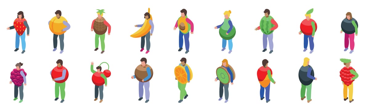 Party costumes fruits icons set. People wearing giant fruit costumes isometric icons set vector