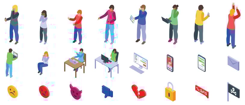 Cyber bullying harassment icons set. Cyberbullying isometric icons showing people experiencing online harassment and its symbols vector