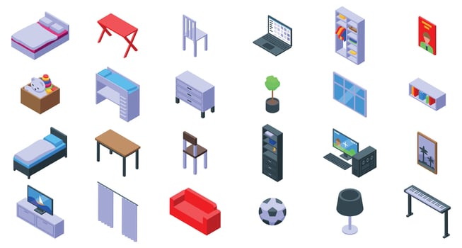 Teenager room icons set. Children room furniture showing interior design furnishing vector