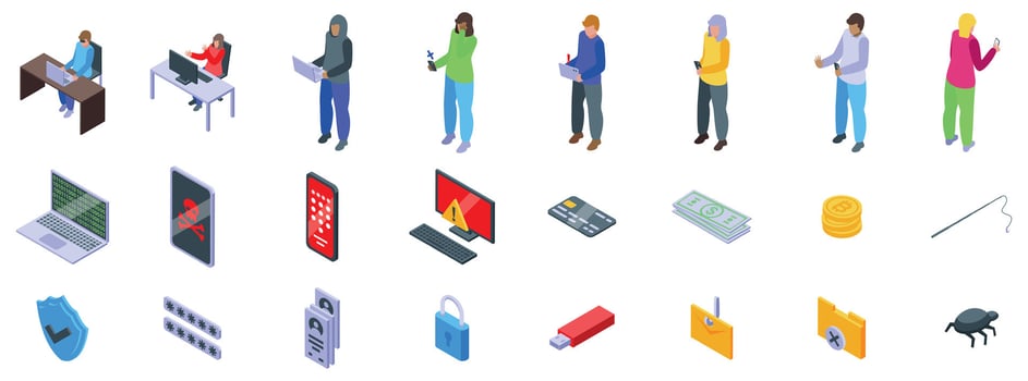 Bait hacking icons set. Cyber security threats and data protection measures in isometric icons vector
