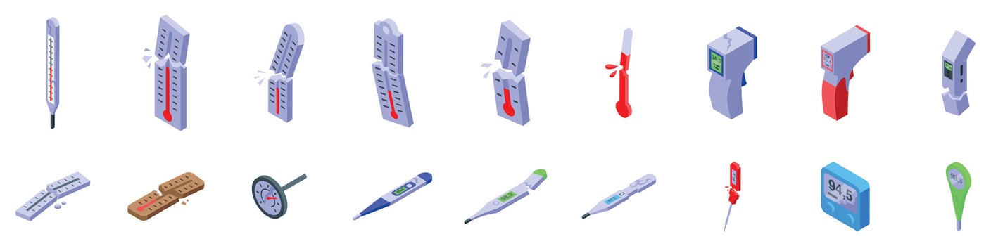 Broken thermometer icons set. Thermometers measuring temperature, fever, and body heat, isometric icons of various types vector