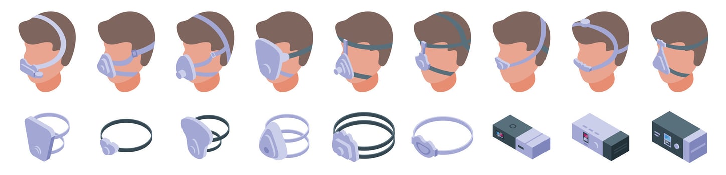 CPAP mask icons set. Cpap machine icons showing sleep apnea therapy equipment vector