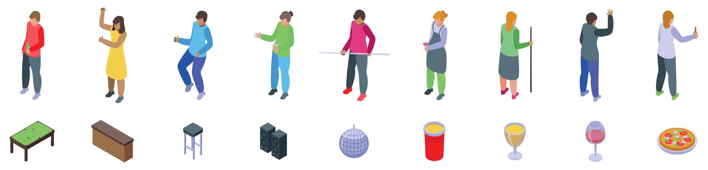 Student nightlife icons set. People enjoying nightlife activities, dancing, playing billiards, and having drinks vector