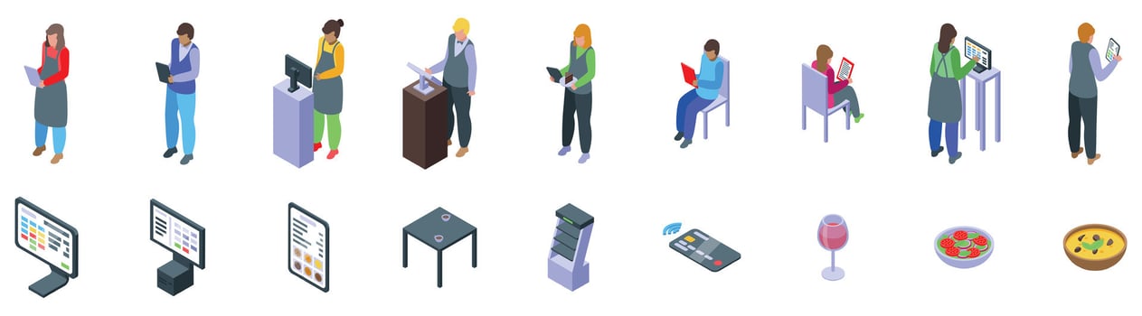 Waiter software icons set. Restaurant digital order service improving efficiency and customer experience vector
