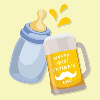 Happy first father's day greeting card Beer and baby pacifier vector