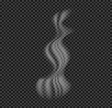 Wavy realistic Steam. White grey Hot smoke elements flowing on dark background. Mystical effect abstract shape. Cigarette, hot food, drink, coffee vapor. Hookah cloud overlays 3d vector