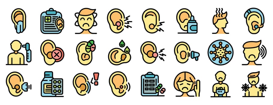 Ear diseases and problems icons showing hearing loss, infection, and treatment vector