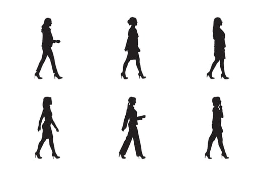 Business People Silhouette Set Young Businesswoman Walking and Group of Professionals Standing and Walking, Isolated Illustrations on White Background vector