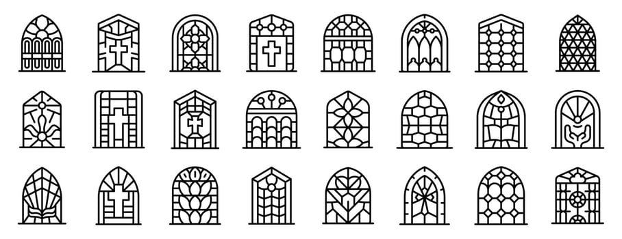 Cathedral stained glasses icons set. Stained glass windows depicting religious and decorative motifs in arched frames vector