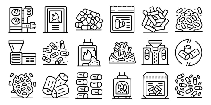 Wood pellets icons set. Wood pellets production and usage for heating, from raw material to fireplace vector