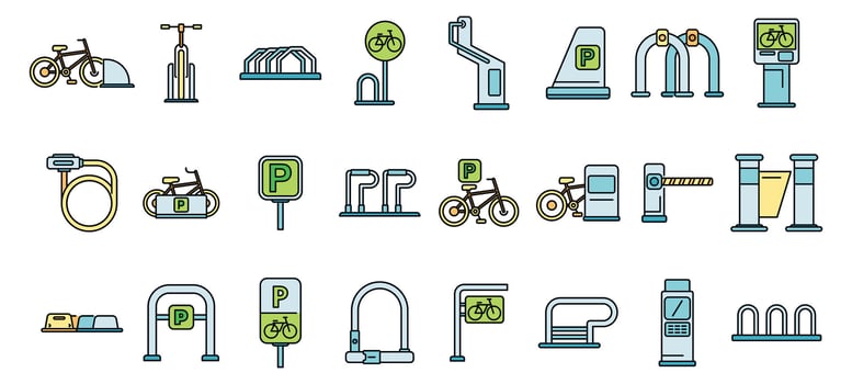 Bicycle parking icons showing secure storage and urban infrastructure for cyclists vector
