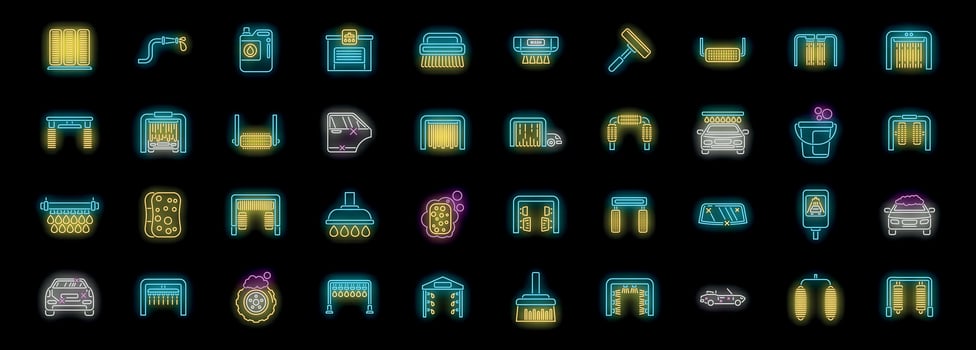 Car wash neon icons set illuminating cleaning services and automotive care vector