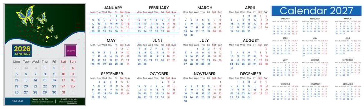 Calendar design 2026, 2027 year. Calendar set template design for 2026 and 2027 year. Monthly calendar layout for 2026 and 2027 year and week start on Monday vector
