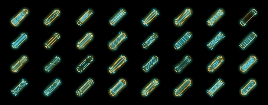 Longboard icons set, neon style, skateboarding, extreme sport, urban culture, different shapes and sizes, glowing lines, illustration vector