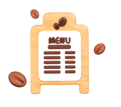 3D Coffee Menu Board with Floating Coffee Beans, Transparent Background png