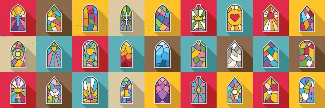 Church glass icons set. Colorful church stained glass windows representing christian symbols in modern design vector