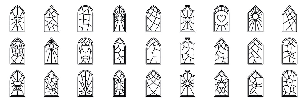 Church glass icons set. Set of church stained glass windows representing christian symbols in outline style vector