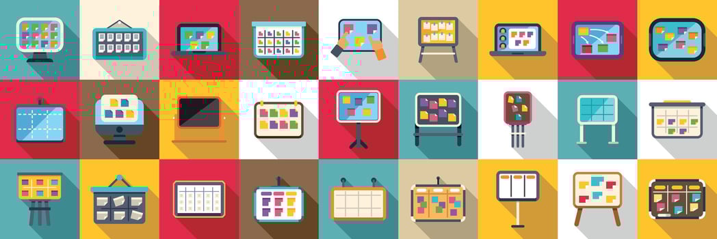 Scrum board icons set. Planning and organizing with kanban boards, visualizing workflow and task management vector