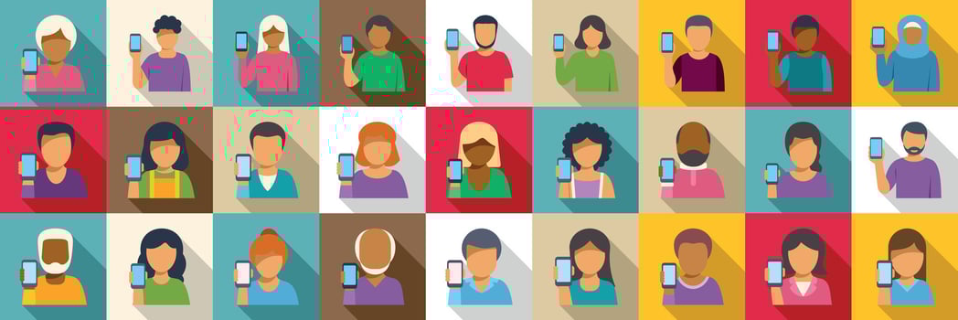 People show smartphone screen icons set. Diverse people holding smartphones, promoting inclusivity in mobile technology vector